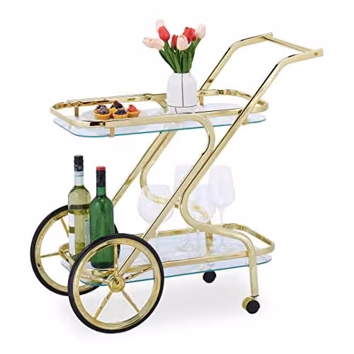 Relaxdays serveerwagen met 2 etages, moderne keukentrolley van glas en metaal, goud en transparant, H x B x D: 80 x 43 x 85 cm