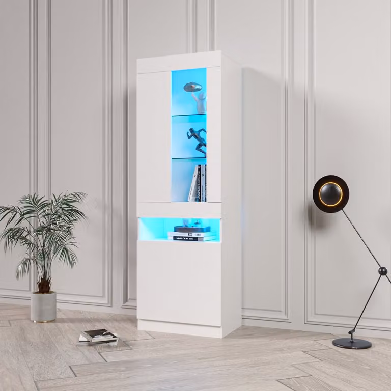 OKWISH Vitrinekast met USB LED Bluetooth in 16 kleuren, Hoogglans Wit, B/D/H: 50 x 40 x 180 cm