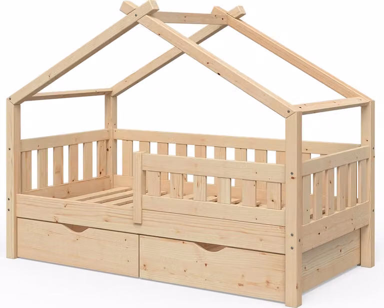 Vitalispa Huisbed Design voor kinderen van natuurlijk massief hout met 2 laden, B/D: 80 x 160 cm