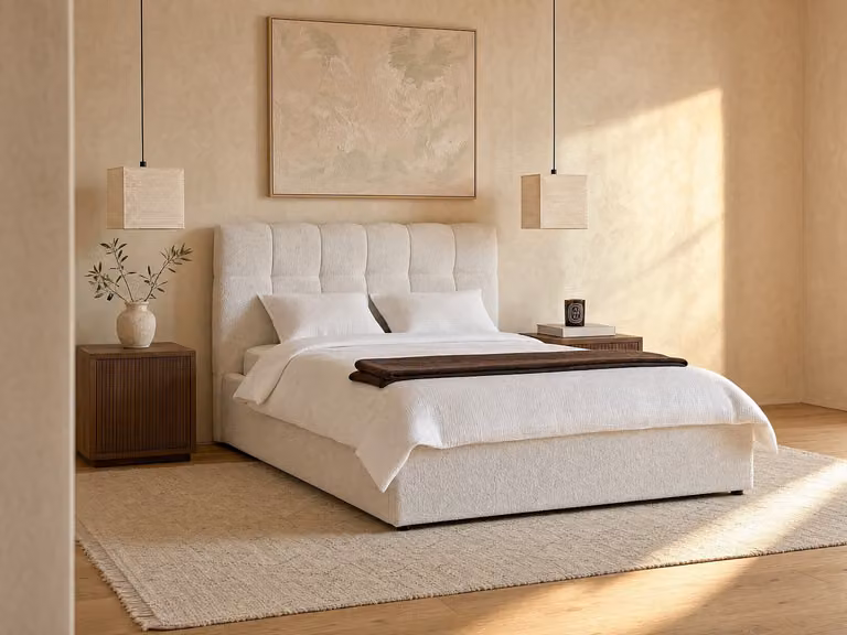 MAZIRI Bed met opbergruimte en matras in witte boucléstof, 140 x 190 cm