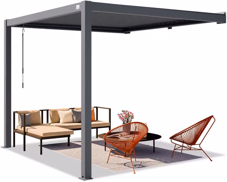 Primeyard Muurpergola met stalen lamellendak en aluminium staanders, 3x3 m, Antraciet