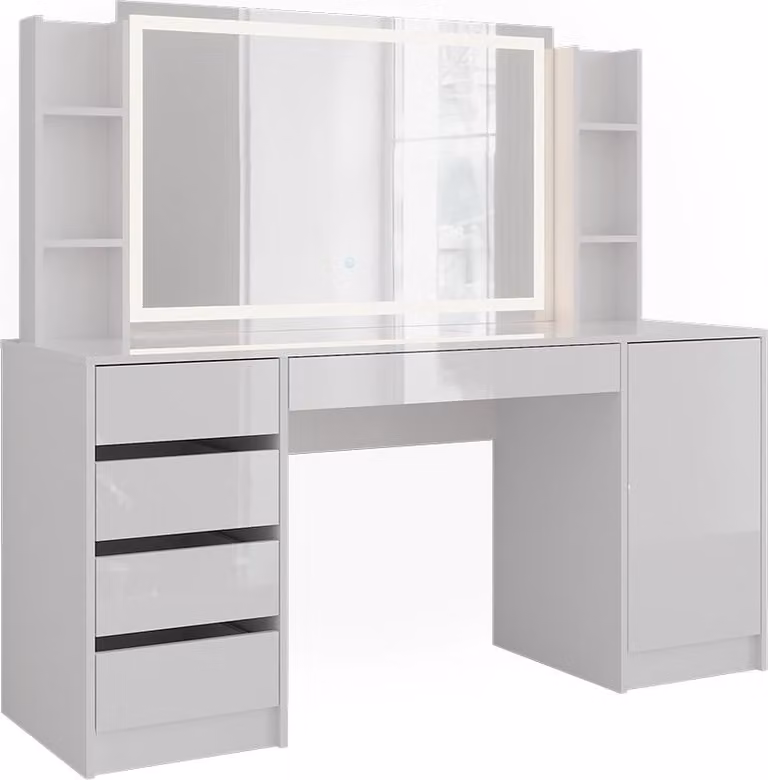Vicco Kaptafel Sherry Wit/Wit Hoogglans met LED-spiegel, Breedte: 158,2 cm