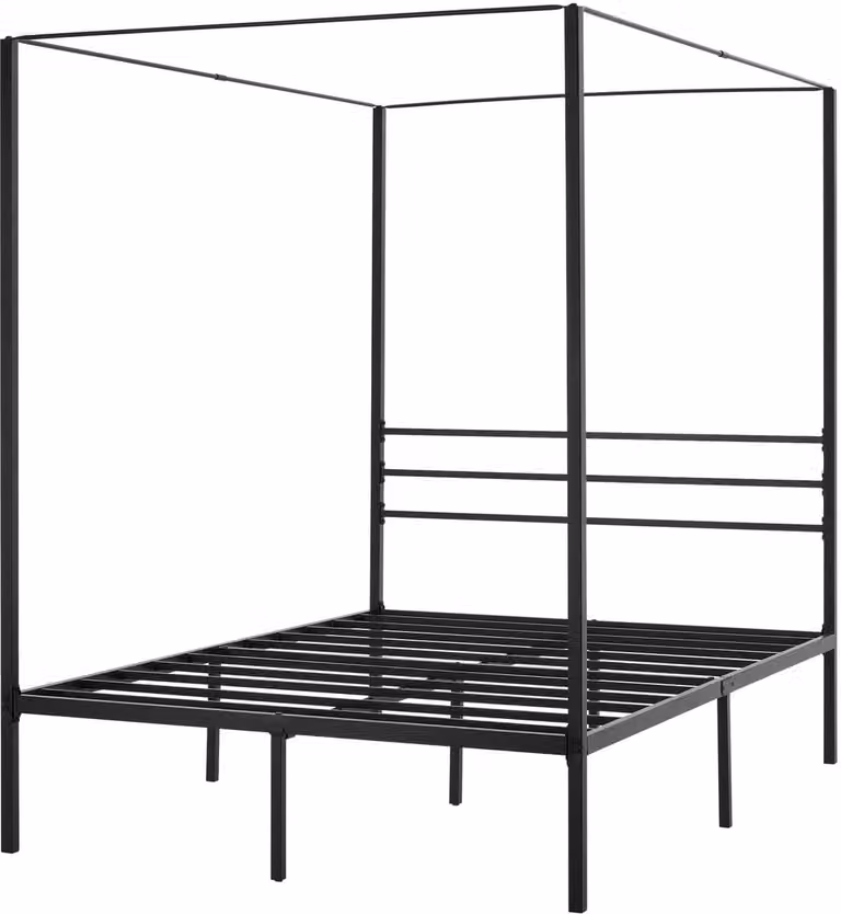 Zwart metalen hemelbed frame met vierpoten en stalen latten, 140 x 200 cm