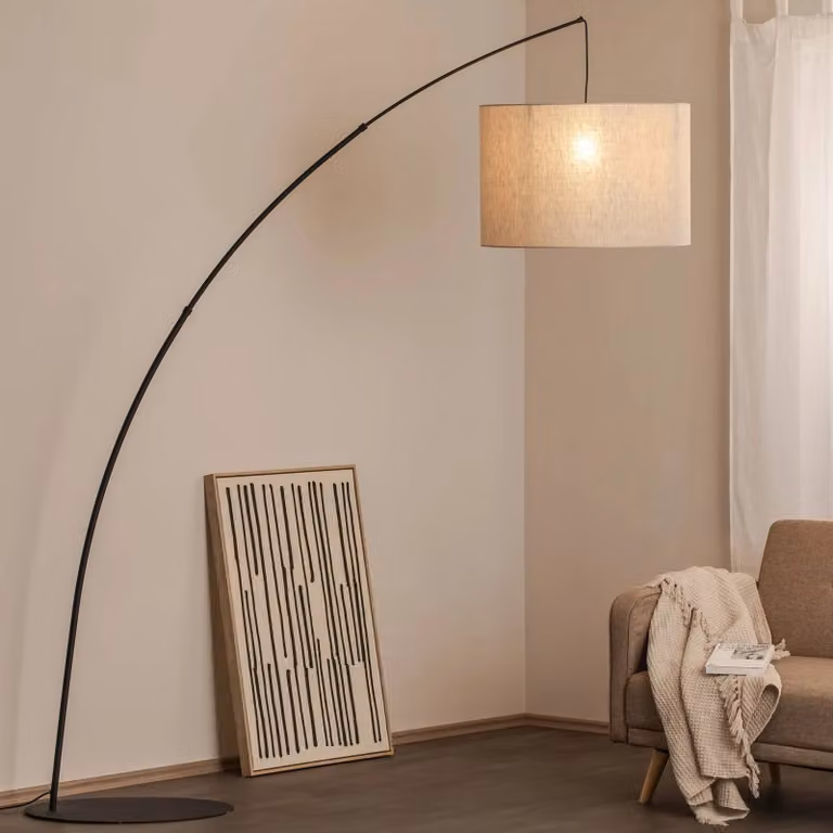 TK Lighting Moby Booglamp met stoffen kap voor woon- en eetkamer, zwart en beige