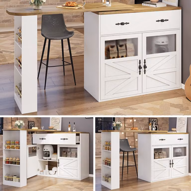 Merax Uitschuifbare Bartafel met 360 graden Draaibare Top en Opbergplanken, Wit, B/D/H: 138-204 x 39 x 104 cm