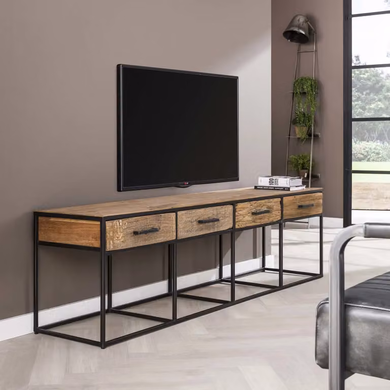 WoonStijl TV meubel Float industrieel design in bruin met hout en metaal - B: 180 cm, D: 40 cm, H: 50 cm