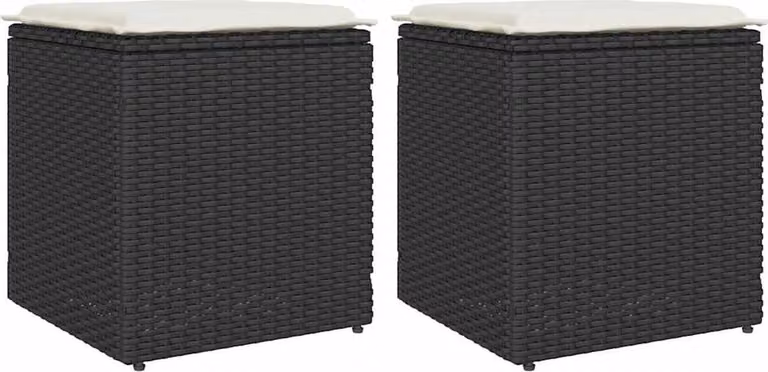 vidaXL Set van 2 Tuinkrukken met Kussens - Polyrattan - Zwart - B/D/H: 40 x 40 x 43 cm