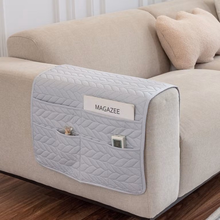 Sofa Armleuninghoes Korenaar-lichtgrijs - 1-delige set met 6 opbergvakken - Spatwaterafstotende meubelarmleuningbeschermer - 90 x 50 cm