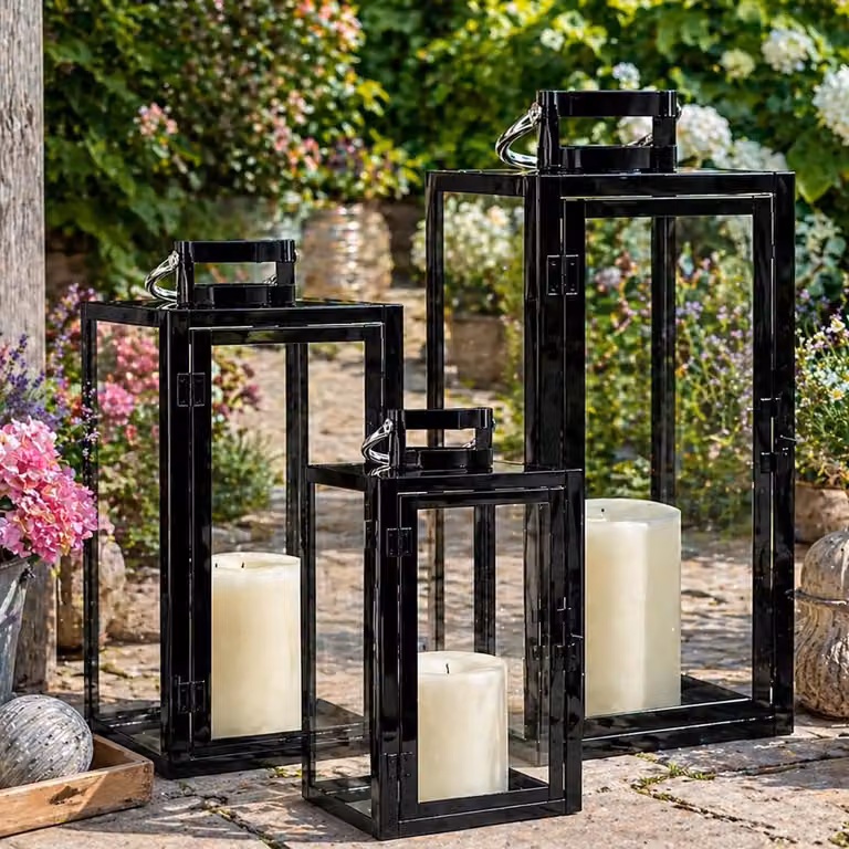 Set Lantaarns Windlichten Metaal en Glas in Zwart voor Sfeerverlichting Buiten, H: 30 cm, 40 cm en 53 cm