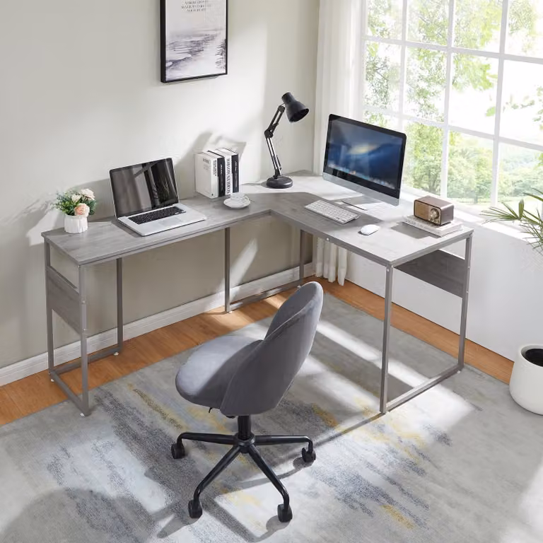 en.casa Bureau Karlstang L-vormig met stalen frame en lichtgrijs houtnerfmotief, B: 166 cm, D: 120 cm, H: 75 cm