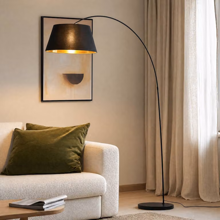 Lindby Booglamp Esti - Zwart en Goud/Messing - Moderne Vloerlamp met Textiele Kap voor Woon- of Eetkamer