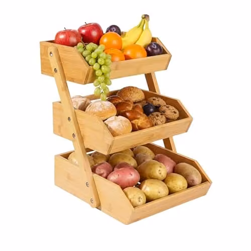 Relaxdays Fruitmand etagère 3 laags bamboe beige, H 41 cm, B 33 cm, D 30 cm