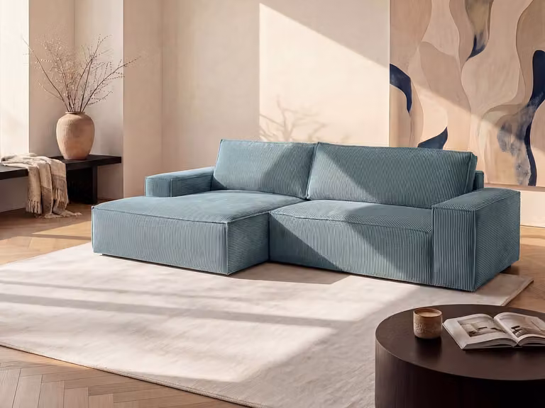 Amelia Hoekslaapbank met slaapfunctie in turquoise ribfluweel met linkerhoek - B/D/H: 267 x 167 x 85 cm