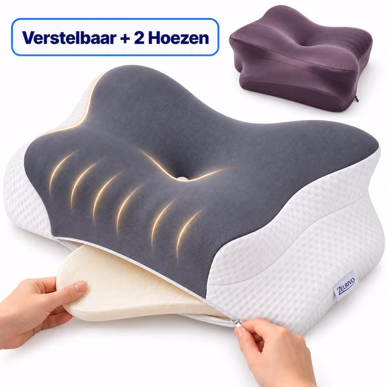 Zelrivo Verso Vlinderkussen - Ergonomisch Traagschuim Memory Foam Slaapkussen met 4 Verstelbare Hoogtes voor Neksteun - B/D: 62 x 37 cm
