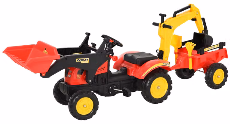 HOMCOM Voetgestuurde tractor met aanhanger, graafmachine en frontlader, rood