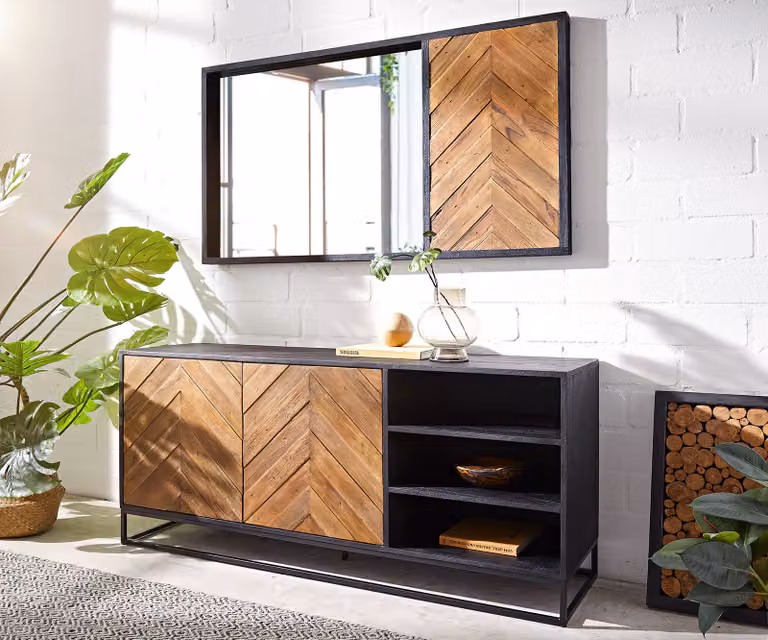 DELIFE Dressoir Famke Modern Mango Hout met Metaal, Bruin/Zwart, Breedte: 145 cm