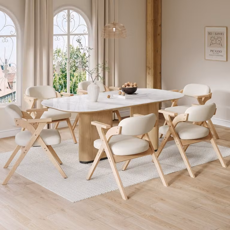 MODFU Set van 6 Klapbare Eetkamerstoelen met Armleuningen - Modern - Hout en Linnen - Beige