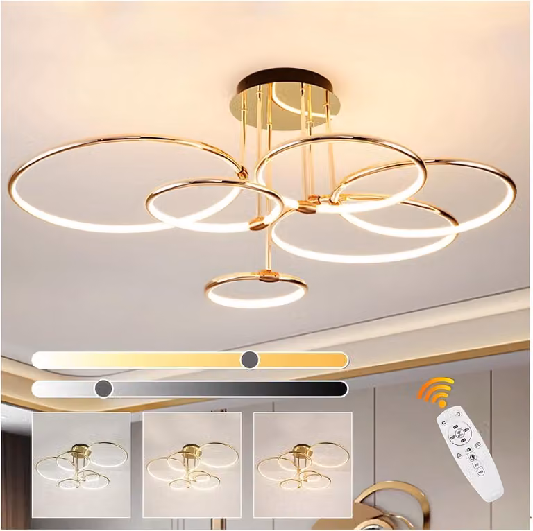 SnelShoppen Led-Plafondlamp met 6 Ronde Ringen, Goud/Messing, Dimbare Moderne Kroonluchter, Ø105 cm