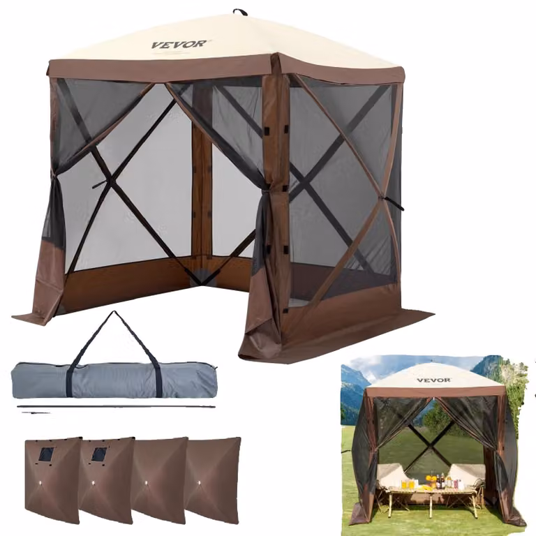 VEVOR Pop-up paviljoentent met 4 afneembare privacywinddoeken en gaasramen, bruin, B/D/H: 183 x 183 x 210 cm