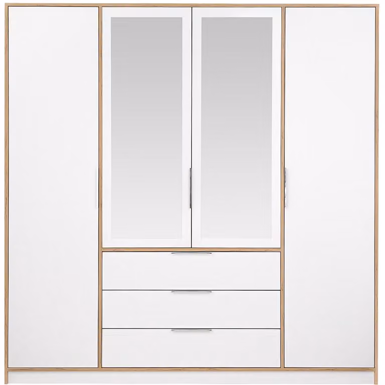 LAMIKI Kast met 4 deuren, 3 lades en spiegels, Kleur: naturel en wit, Breedte: 196 cm