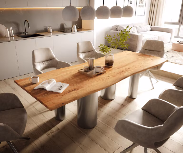 DELIFE Eetkamertafel Edge, Acacia hout en roestvrij staal, Natuur/Zilver, B/D/H: 260 x 100 x 72,5 cm