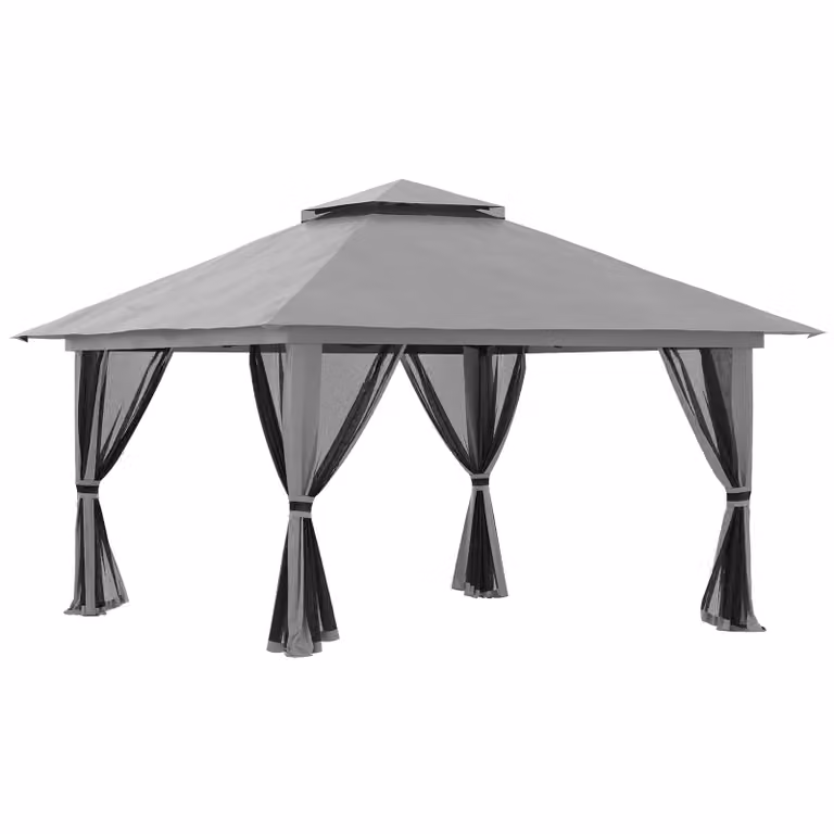Outsunny Paviljoen UV50+ met 3-traps verstelbare poten en 4 vulbare gewichten, Donkergrijs, B/D/H: 392 x 392 x 283 cm