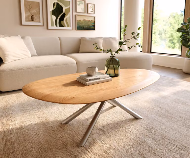 DELIFE Salontafel Edge Oval Eiken Naturel en Geborsteld Roestvrij Staal, B/D/H: 140 x 75 x 42,5 cm