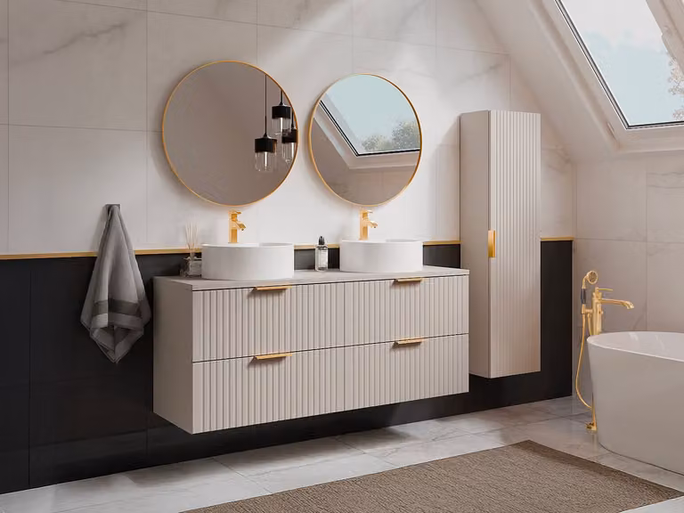 Zevara Zwevend badkamermeubel met ronde keramische opzetwastafel en kast - Geribbeld beige - Breedte: 120 cm