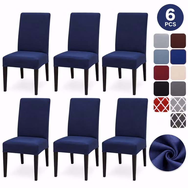 Set van 6 rekbare stoelhoezen voor eetkamerstoelen - Marineblauw - Afneembaar en wasbaar