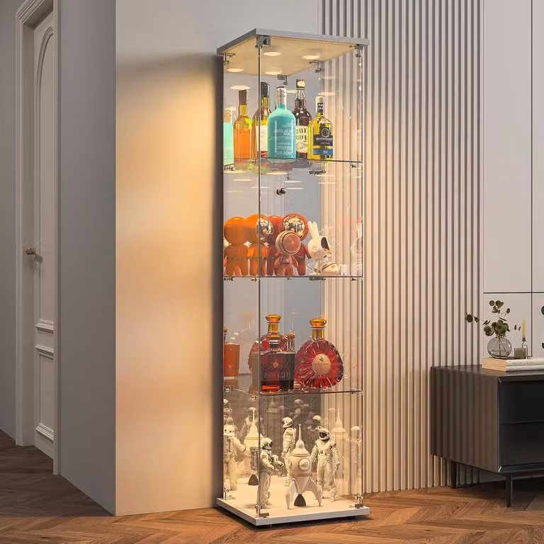 Witte Glazen Vitrinekast met LED-verlichting en Slot, Hoogte: 164 cm