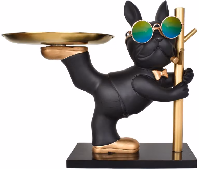 NTHProducts Decoratieve Bulldog Tray - Multifunctionele Opbergtray - Zwart - Hars met Roestvrij Staal