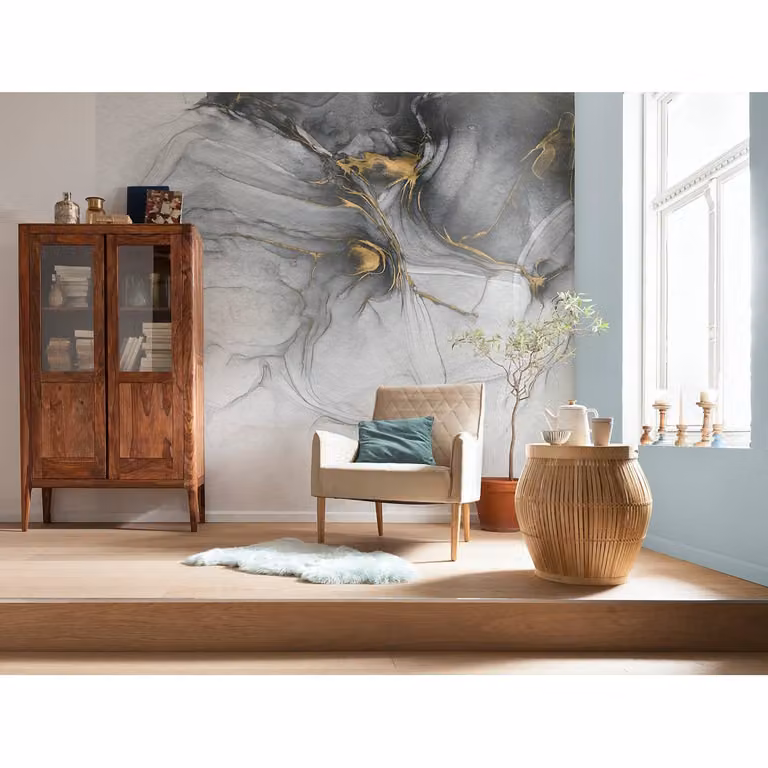 home24 Vlies-fotobehang Ink Gold Flow, Abstract Modern, Goud/Grijs, B: 300 cm, H: 280 cm