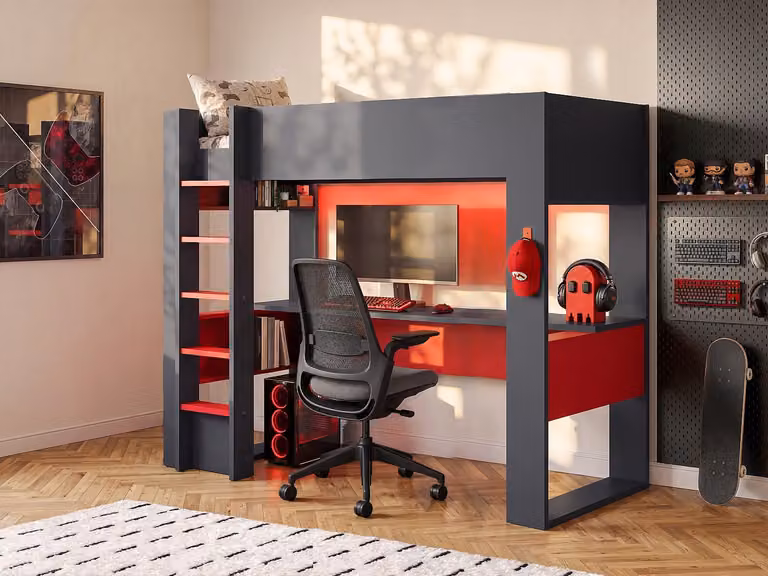 Hoogslaper gamer NOAH met bureau, opbergruimte en ledverlichting - Antraciet en rood - B/D/H: 200 x 90 x 183 cm