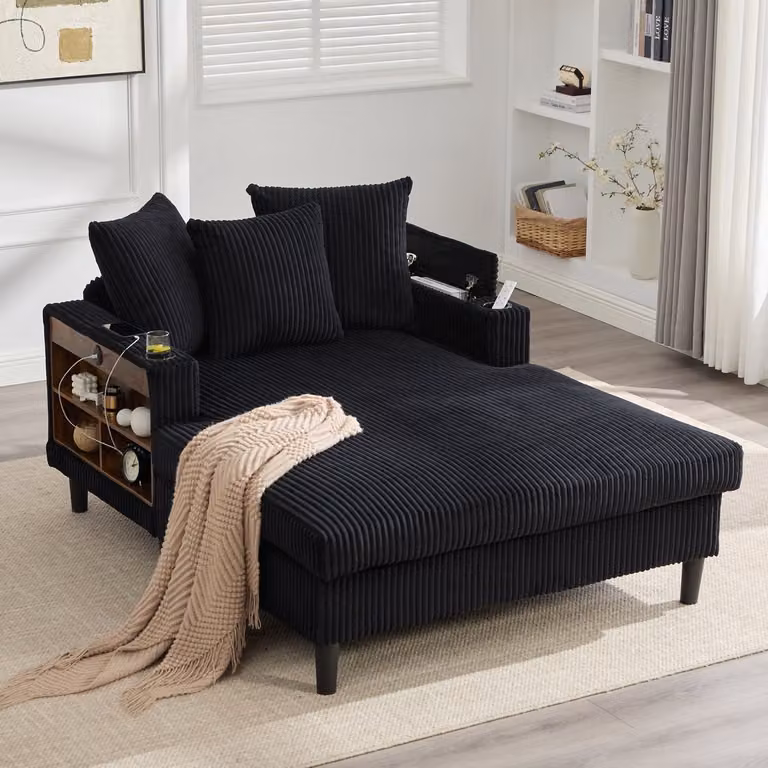 REDOM Moderne Ligbank met Bekerhouders en Opbergruimte, Zwart, B/D/H: 129 x 170 x 70 cm