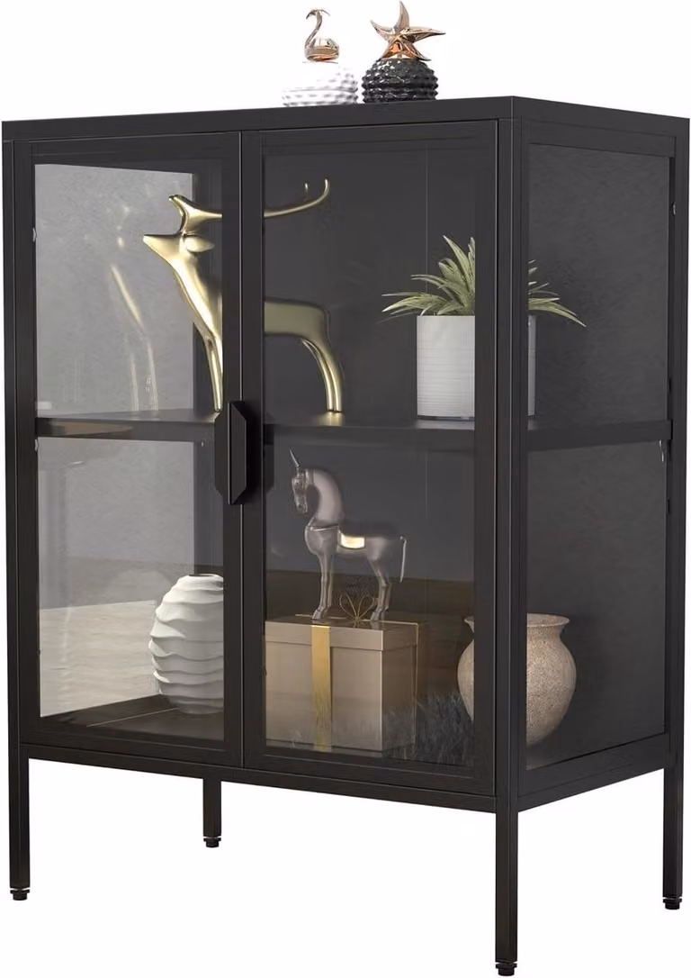 Glazen Vitrinekast met Glazen Deuren - Zwart - B/D/H: 80 x 60 x 35 cm