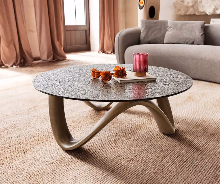 DELIFE Salontafel Tanju modern goud en beige met reliëfglas B: 90 cm, D: 90 cm, H: 36 cm