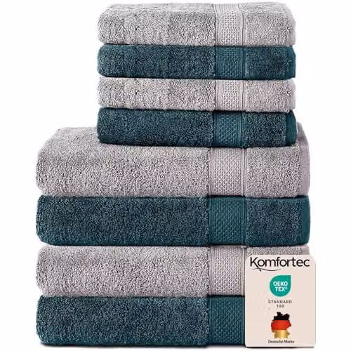 Komfortec Handdoekenset van 8 stuks - 4x Handdoek 50x100 cm en 4x Badhanddoek 70x140 cm - 100% Katoen - Zilvergrijs en Petrolemblauw