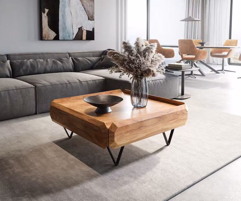 DELIFE Salontafel Modern Vierkant Acacia en Metaal Zwart Bruin B: 90 cm, D: 90 cm, H: 35 cm