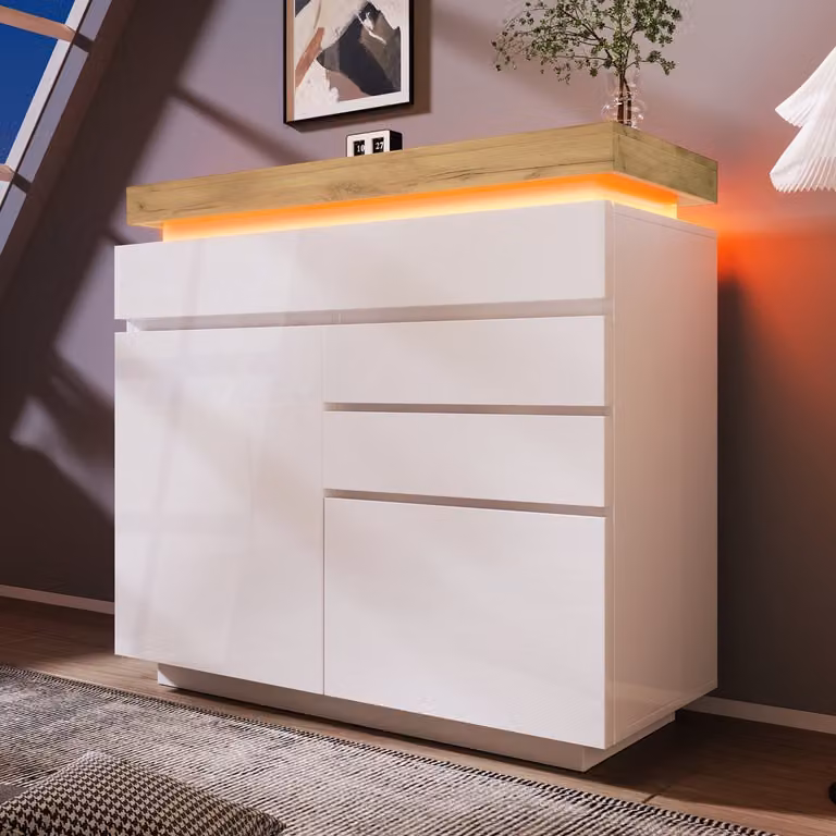FloraGrace Dressoir Wit Hoogglans met Ledverlichting en Appbediening - B/D/H: 110 x 39 x 115 cm