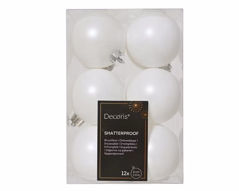 Decoris 12 onbreekbare kerstballen winterwit diameter 6 cm