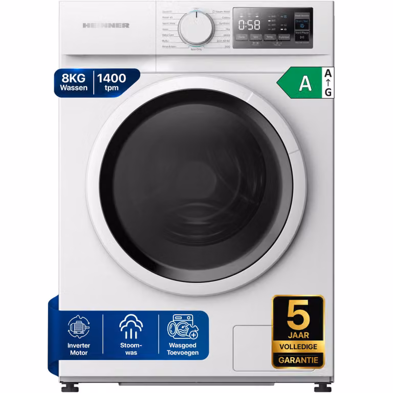 Heinner HWM-M814IVSMNA Slanke Wasmachine 8 kg, 1400 tpm, LED-display, Kinderslot, Wit