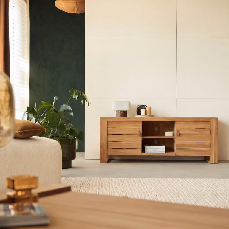 Tikamoon Tv-meubel van massief teakhout, Bruin, B: 155 cm, D: 45 cm, H: 60 cm