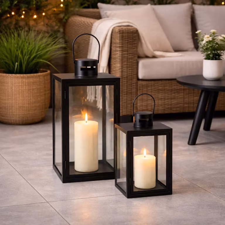 Tuinlantaarns Set - Windlichten Metaal - Buiten Decoratie - Weerbestendig Gepoedercoat - Hoogte: 41 cm - Zwart