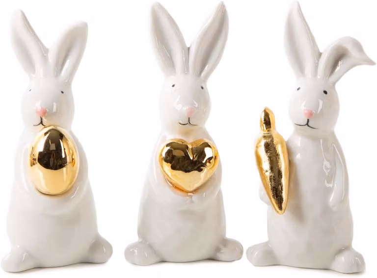 Set van 3 Porseleinen Paashaas Figuren in Wit en Goud voor Tafeldecoratie