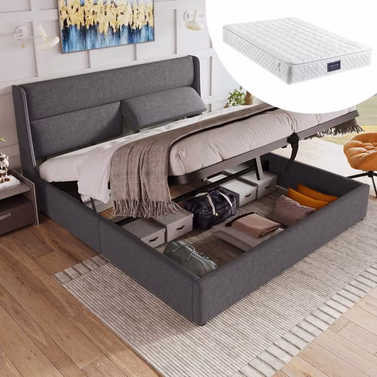 STILVORA Tweepersoonsbed met linnen bekleding en hydraulische opbergruimte, Grijs, B/D: 160 x 200 cm, inclusief matras