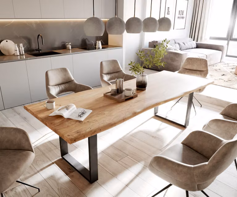 DELIFE Eettafel Classic-Edge met Acacia Hout en Zwart Metalen Onderstel, Bruin/Zwart, B: 260 cm, D: 100 cm, H: 75,5 cm