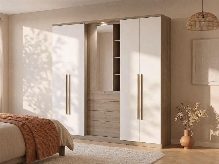 Vente-unique Kledingkast ISAK met 4 deuren, spiegel en ledverlichting, Eiken en Beige, B: 240 cm, H: 231 cm, D: 53,8 cm