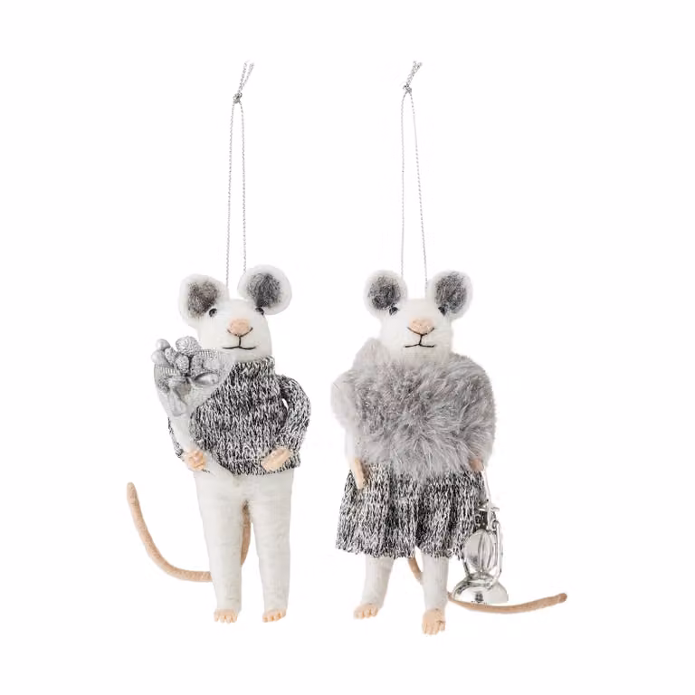 Bloomingville Peo kerstornament muis 2-delig Wit-grijs