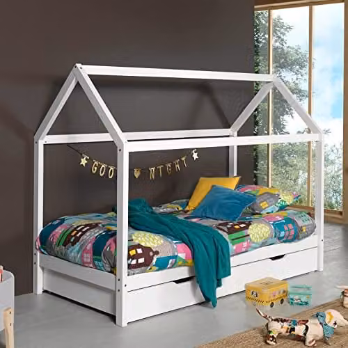 Vipack Dallas 2 houten huisbed voor kinderen met lades, wit, 90 x 200 cm