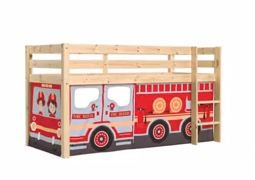 Vipack Halfhoog bed Pino met Fire Rescue textielset, massief grenenhout, naturel gelakt, B/D: 90 x 200 cm
